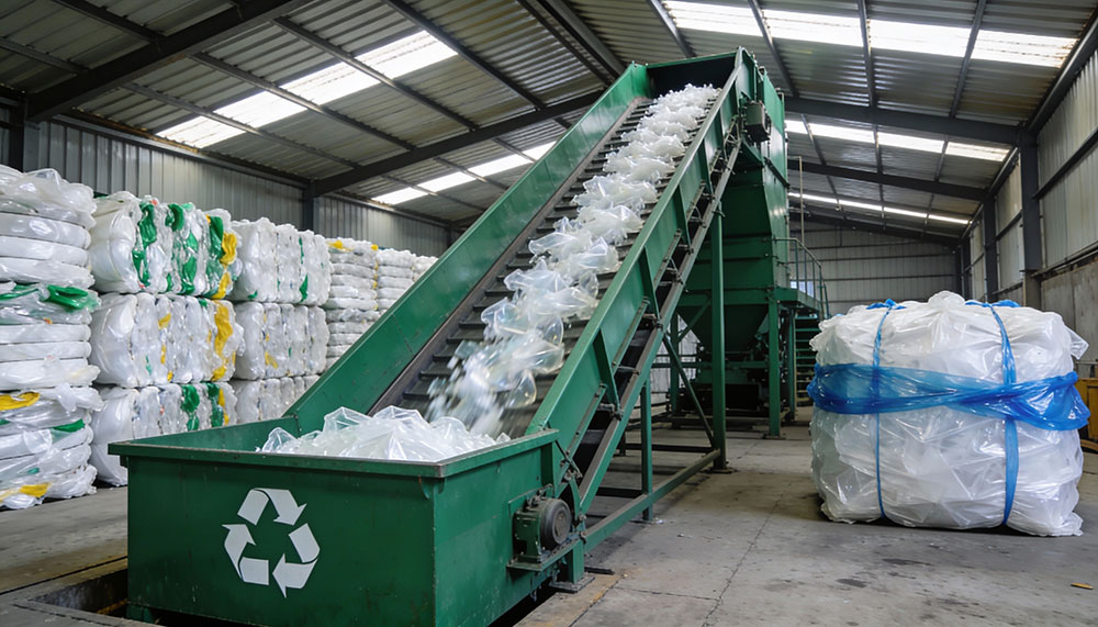 a wide shot captures the interior of a recycling centre