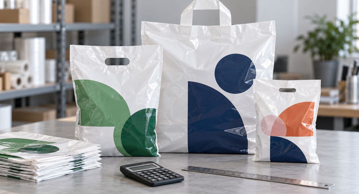 Printed polythene bags in different sizes with colourful designs, displayed beside a calculator, ruler and stack of bags.